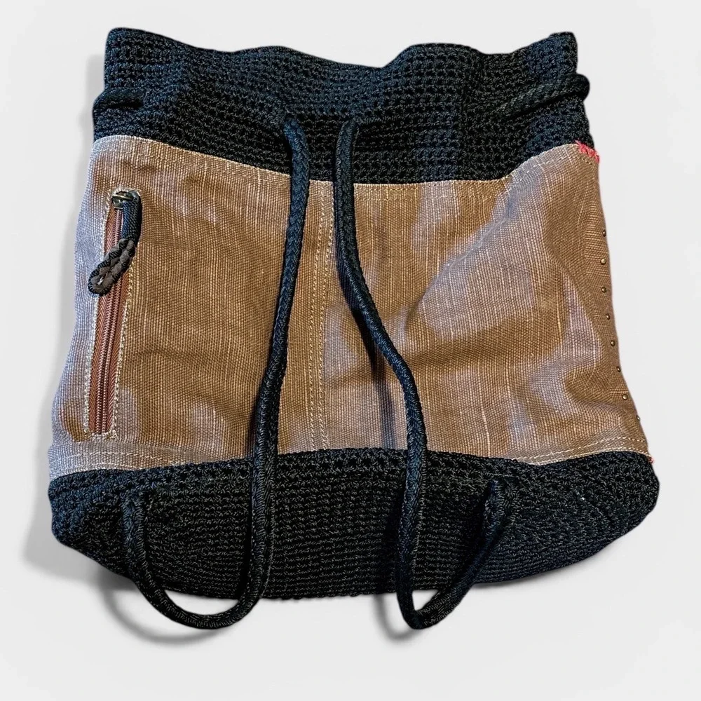 The Sak Vintage Crochet Sayulita Drawstring Backpack Bohemian Black Brown